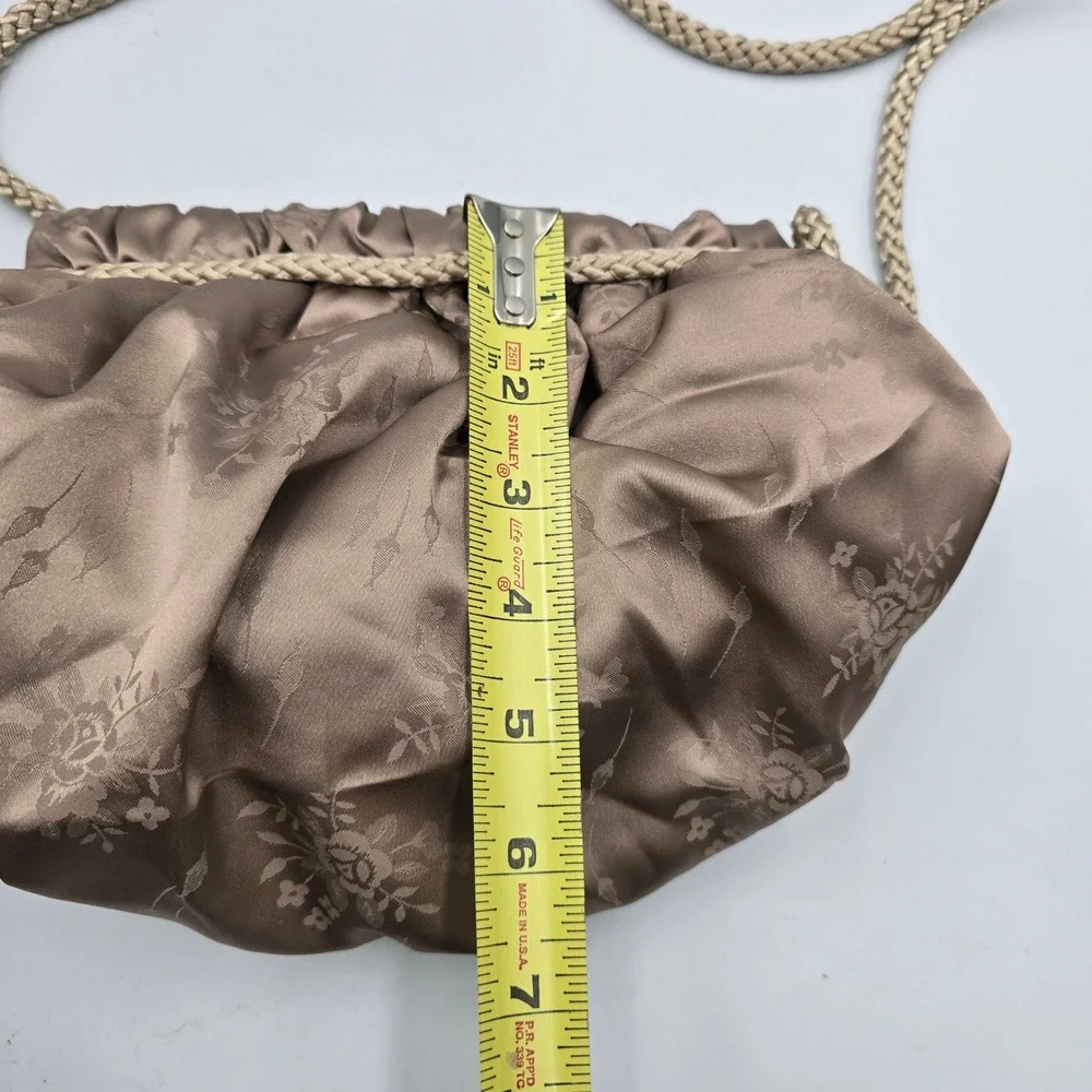 Vintage Bronze Floral Damask Evening Bag Braided Rope Pouch Rosette Taupe Formal
